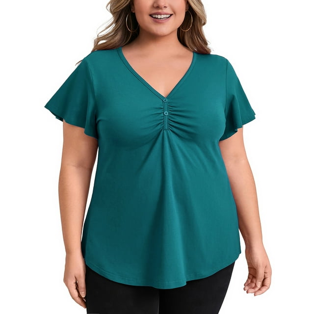 GRACE & GRANDEUR Blusa de Día de la Madre para Mujeres Talla Grande con Botones Decorativos, Cuello en V, Mangas de Volante, Top Casual Elegante con Pliegues Frontales 3X Verde Teal