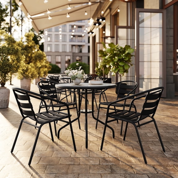 Flash Furniture 31.5'' Round Glass Metal Table with 4 Black Metal Aluminum Slat Stack Chairs