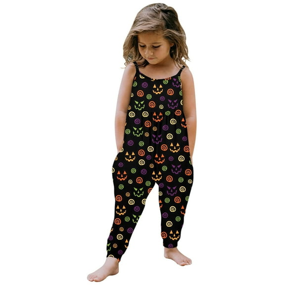 LILIYA Halloween Jumpsuit for Little Girls, Halloween Sleeveless Romper, Polyester Milk Silk Fabric, Colorful Print Outfit for Halloween Celebration 5-6 Years