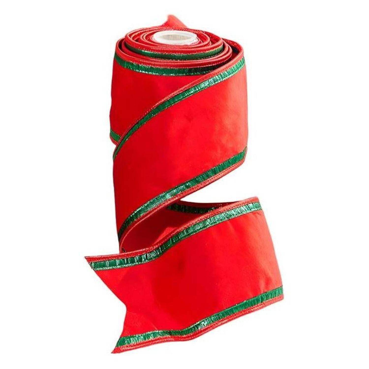 Regency 4 Inch Red & Green Piping Velvet Metallic Dupion Ribbon (5 Yards)