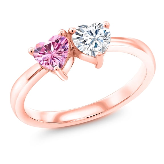 Gem Stone King 18K Rose Gold Plated Silver Ring Set with Heart Shape Pink Moissanite and Moissanite Near Colorless (GH, Size 9) (1.00 Cttw, Size 9)
