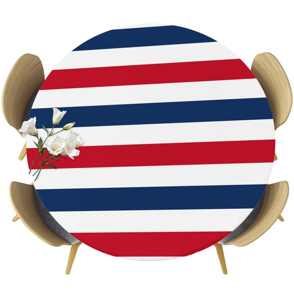 Round Fitted Tablecloths with Elastic Edge Minimalist Blue Red Striped Oil-Proof Waterproof Wipeable Table Cover for Kitchen Dining Party Decor Classic Geometric Pattern Table Clothes,36" - 44"