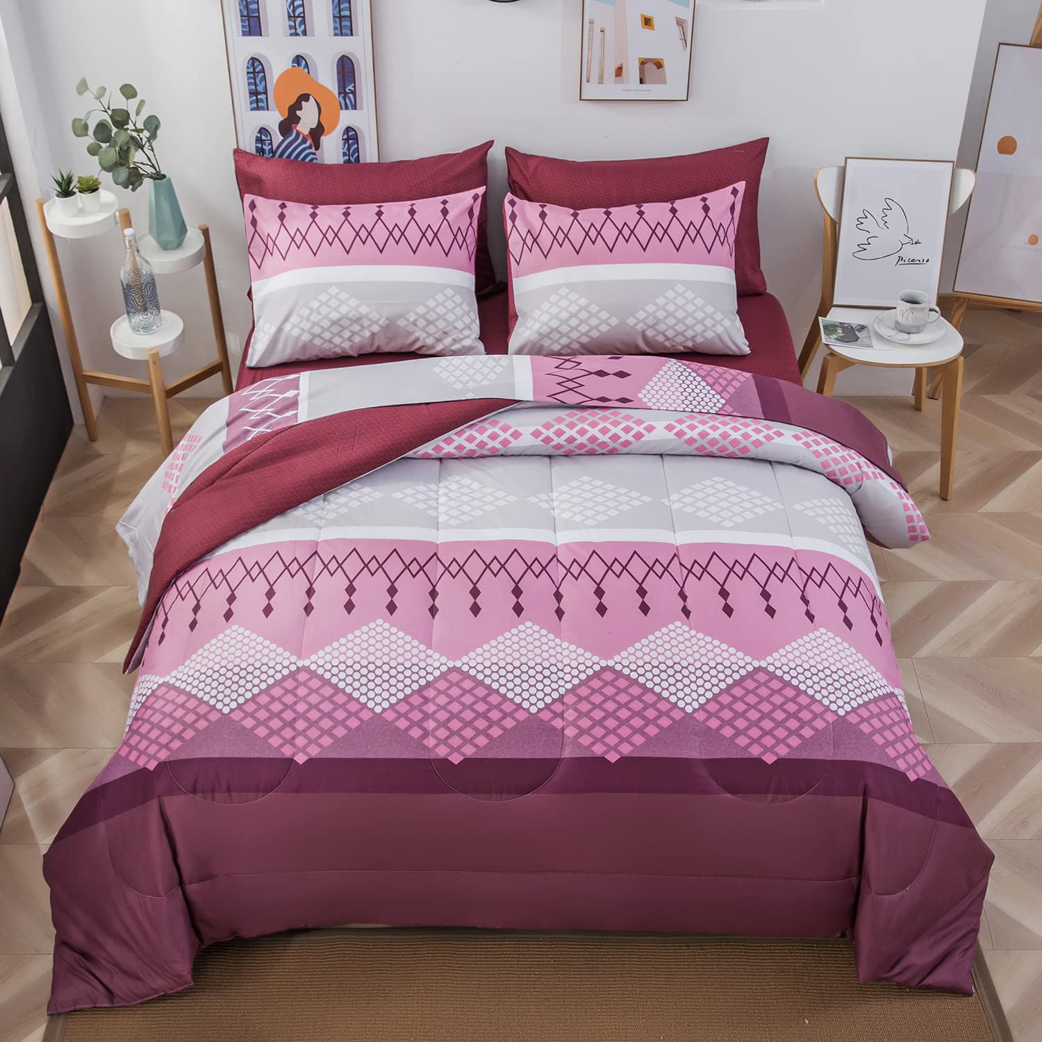 7 Piece Bed in A Bag King Size , Boho Comforter Set with Bohemian