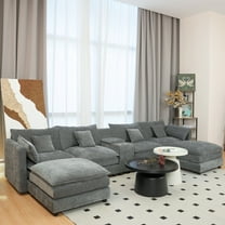 U Shaped Sectional Cloud Couch for Living Room,144" Comfy Fluffy Modular Sofa with Movable Ottoman Modern Chenille 6 Seat Sectional Sofa Set with Storage Box Cup Holders Grey