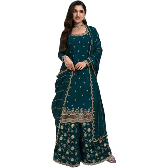 Wedding Special Pakistani Palazzo with Dupatta Dress Ready to Wear Indian Bollywood Designer Salwar Kameez Suit ( Teal Blue, XL - 44 )