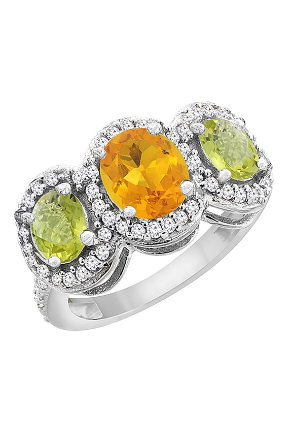 14K White Gold Natural Citrine & Lemon Quartz 3-Stone Ring Oval Diamond Accent, size 7.5