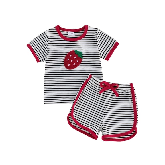 BemeyourBBs Toddler Baby Girl Boys Summer Clothes Cute Infant Baby Girls Cherry Strawberry Watermelon Outfit Striped Short Sleeve T Shirt Tops and Shorts 2 Pcs Set