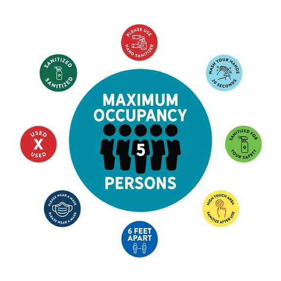 Koyal Wholesale Social Distancing Maximum Occupancy 5 Persons Business Signs, 50 Labels Vinyl Sticker Decals