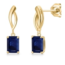 Gem Stone King 10K Yellow Gold Blue Sapphire Dangle Earrings for Women | 3.12 Cttw | Gemstone September Birthstone | Emerald Cut 7X5MM