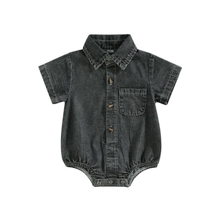 

Douhoow Baby Boy Girl Denim Romper Infant Solid Color Short Sleeve Turn Down Collar Short Bodysuits