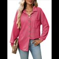 thumbnail image 3 of Camisas de Punto Gofre con Botones para Mujer, Chaqueta Informal de Larga, Blusas Estilo Boyfriend, Corte Holgado Rosa Roja M, 3 of 9