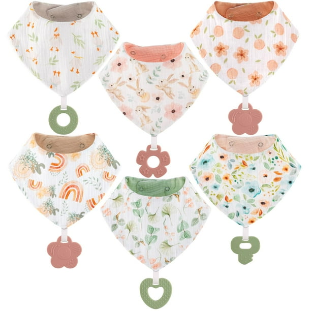 Baberos tipo bandana para bebés, paquete de 6 con juguetes para la dentición, paquete de 6