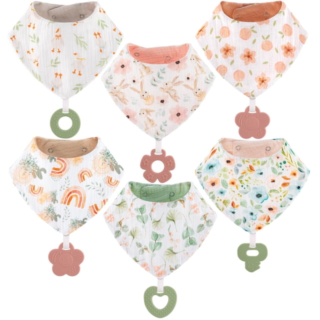 Baberos tipo bandana para bebés, paquete de 6 con juguetes para la dentición, paquete de 6