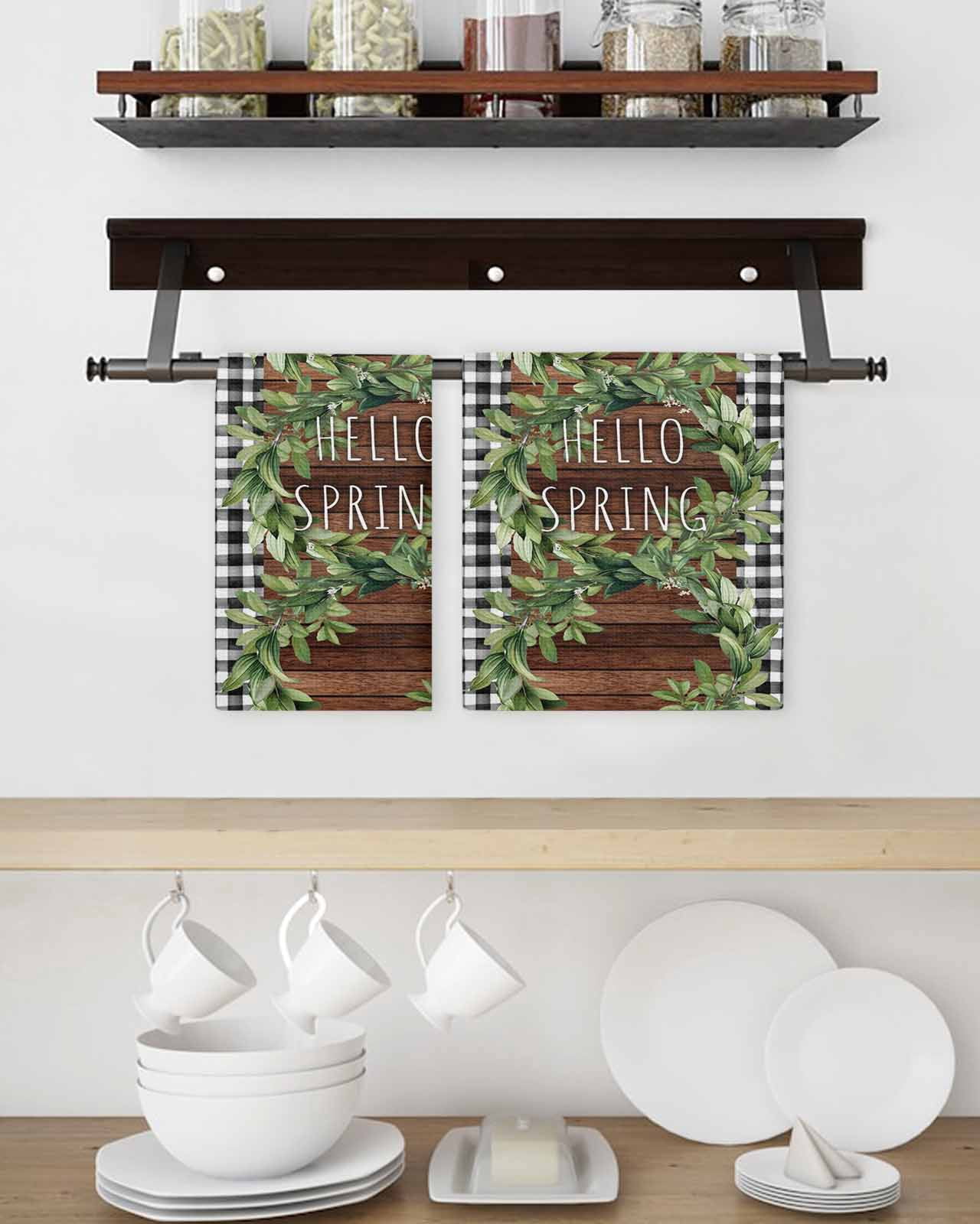 Farmhouse Green Garland Kitchen Dish Towels for Drying Dishes Set of 2, Spring Black Plaid Wood Grain Waffle Weave Microfiber Hand Tea Bathroom Towels Quick Dry & Absorbent Towel 15.7x23.6