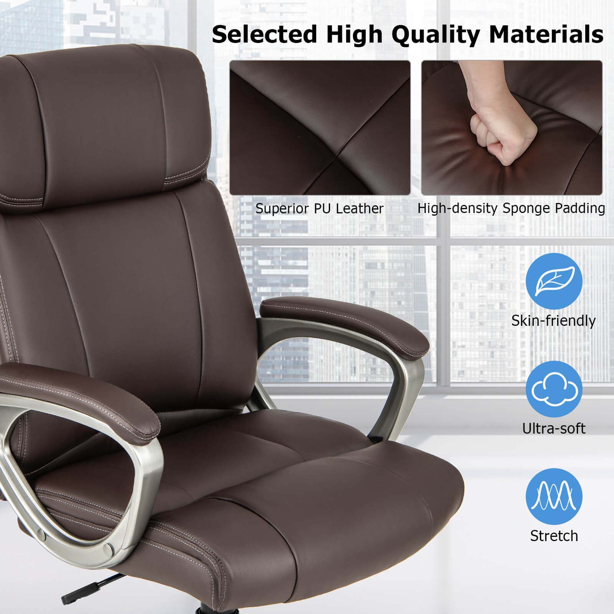 Costway Ergonomic Office Chair PU Leather Executive Swivel with Upholstered Armrests Brown