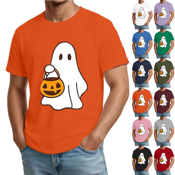 Mens Halloween Costume Cute Ghost Print Halloween Shirts Plus Size Short Sleeve Holiday Halloween Tees