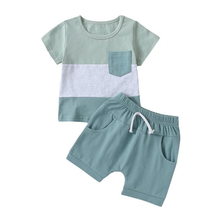 

Sunisery 2Pcs Toddler Baby Boys Summer Clothes Sets Short Sleeve Stripe Print T-Shirt Elastic Waist Solid Shorts Blue 0-6 Months
