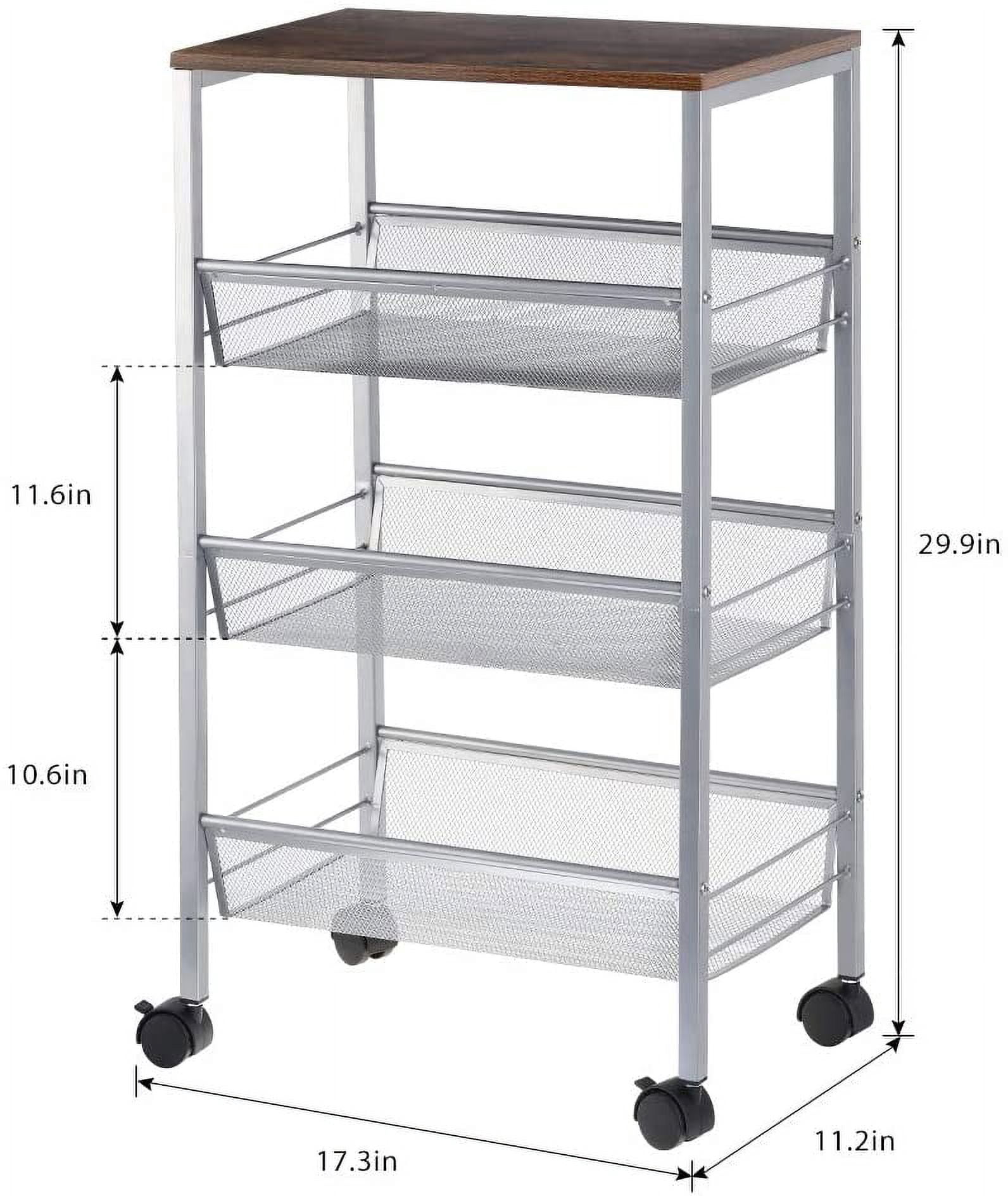 NEX 3-Tier Rustic Kitchen Cart MDF Wood Top and Metal Frame, Silver