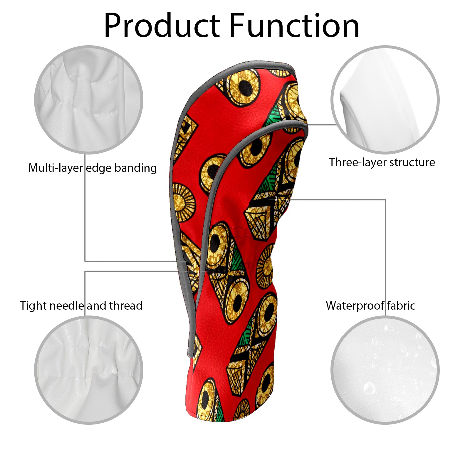 Golf Club Covers, Red GeometricOrnament Premium PU Leather Driver Hybrid Putter Head Covers with Velvet Lining, Waterproof Golf Gifts for Men Women