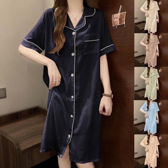 Hvyesh Women V Neck Button Down Nightgown Short Sleeve Sleepshirt Button Down Nightshirt Soft Pajamas Dress Casual Sleepwear