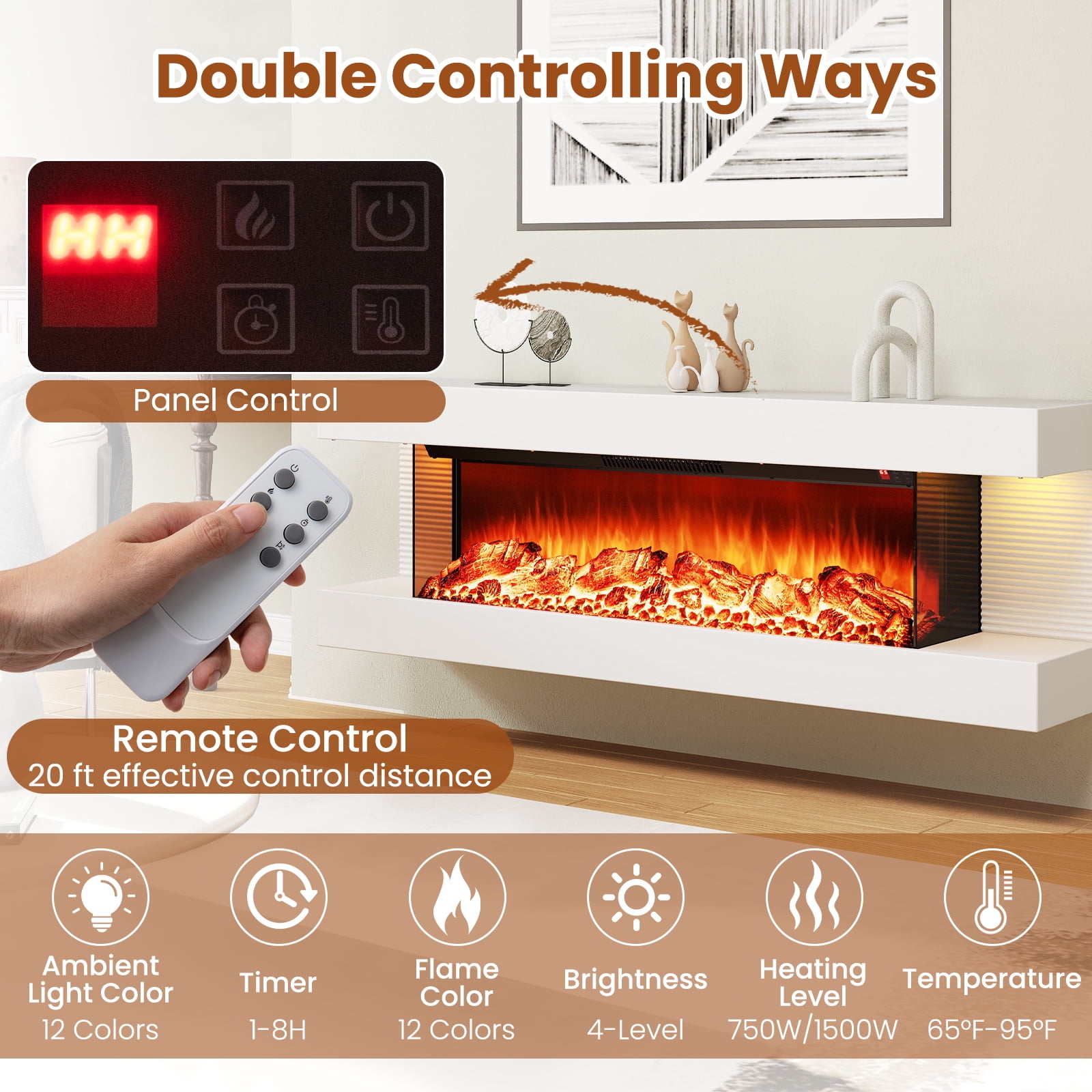 Giantex Wall-Mounted Electric Fireplace Mantel, 18" Fireplace & 32" Floating Mantel w/Overheat Protection & 8H Timer