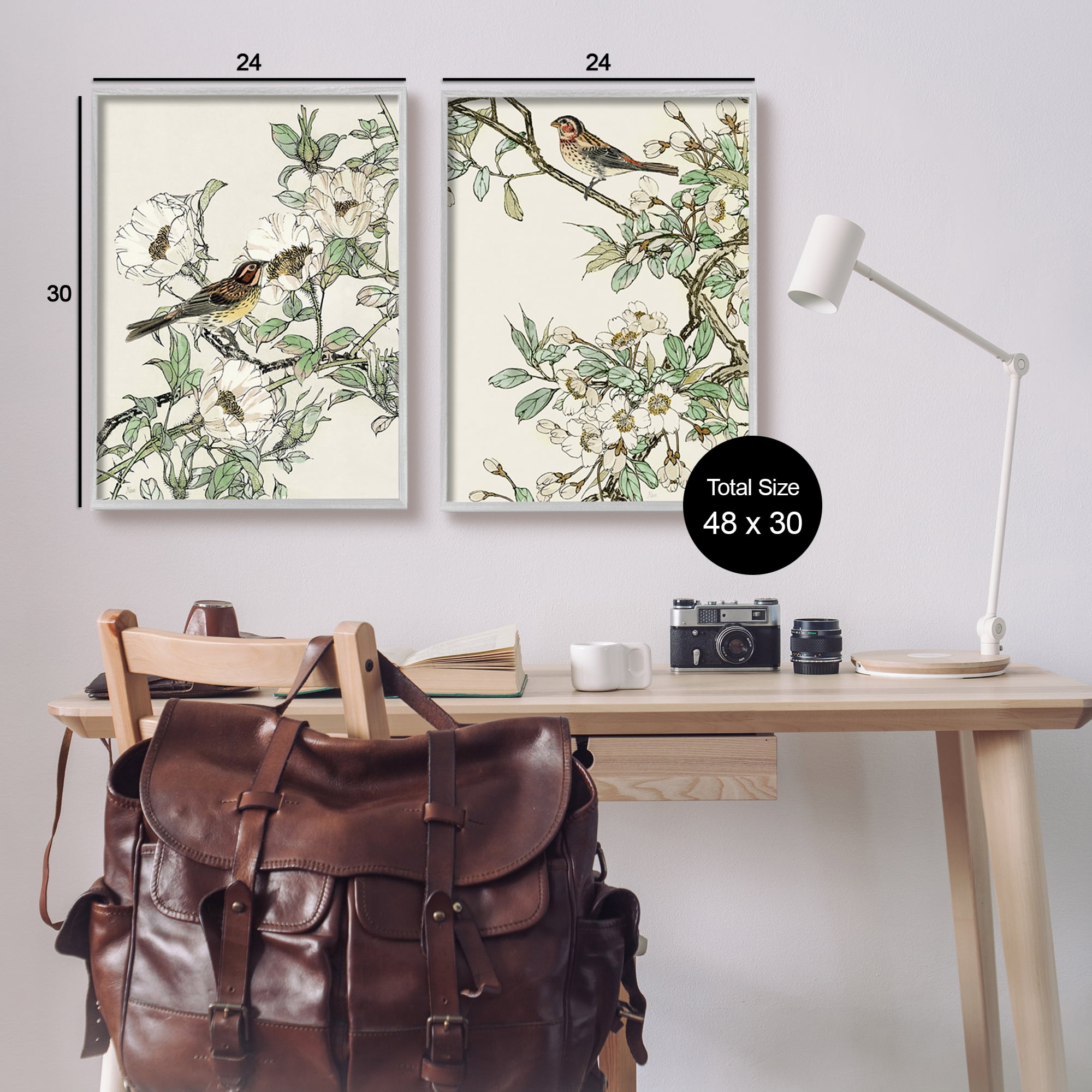 Stupell Industries Classic Sparrow on Blossoms Animals & Insects Painting Gray Framed Art Print Wall Art, 24 x 30, Set of 2