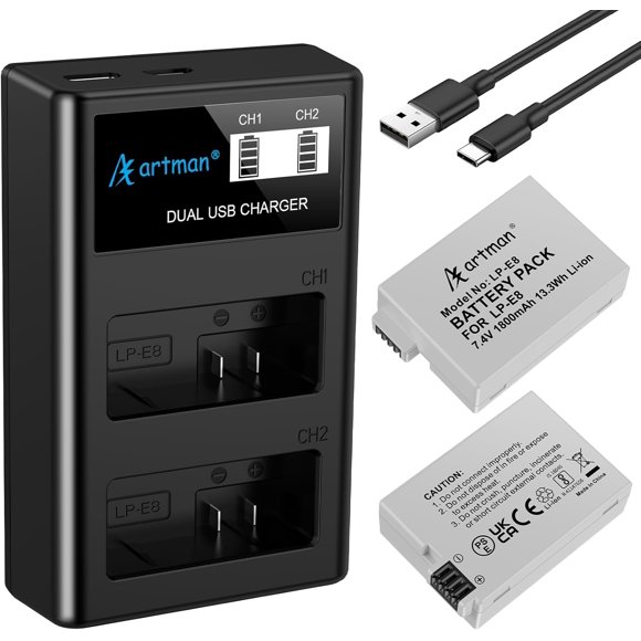 ERDS-Artman Upgraded LP-E8 Battery and USB LCD Dual Charger Kit for Canon EOS Rebel T2i T3i T4i T5i, EOS Kiss X4 X5 X6 X7i, EOS 550D 600D 650D 700D, LC-E8E Digital Camera (2-Pack, 1800mAh)