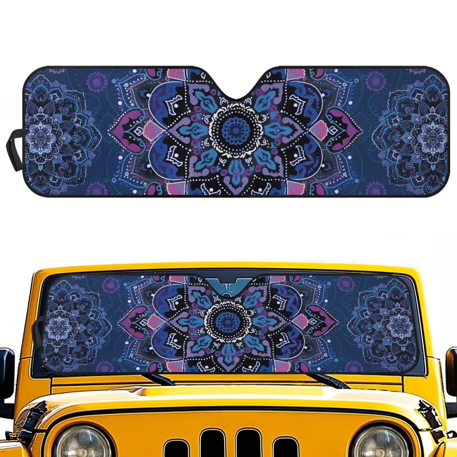 Uorisanigo Windshield Sun Shade, Car Sunshade for 2018-2023 Jeep Wrangler JL JLU Gladiator JT-Blocks UV Rays Blue Mandala Flowers Sun Visor Shield,Front Window Sunshade Keeps Vehicle Cool