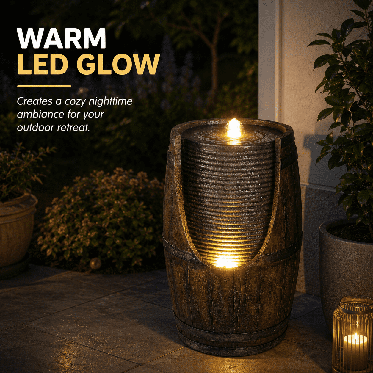 Aukfa Farmhouse Barrel Outdoor Water Fountain with LED Lights for Patio Garden Yard,Green