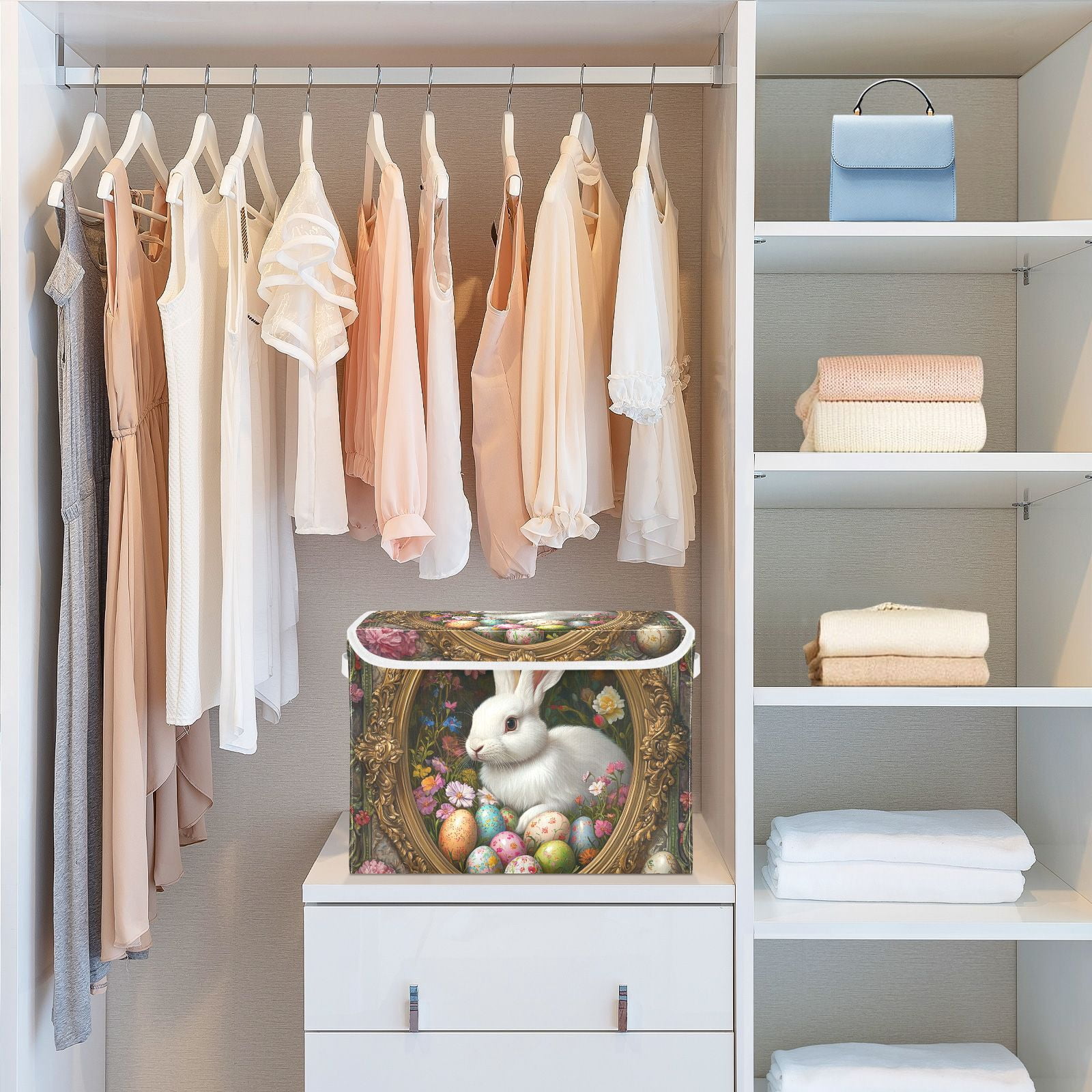 Rabbit Easter Eggs Flowers Storage Basket for Shelves Foldable Container Organizer for Organizing Toys Clothes Books with Handles