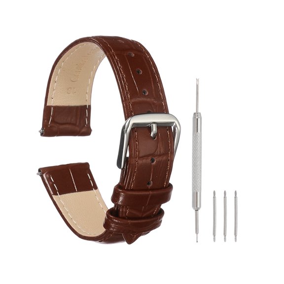 Uxcell Leather Watch Bands for Men and Women, 18mm Crocodile Pattern Quick Release Watch Strap Replacement, Flat Thin Elegant Leather Strap with Tools, Brown