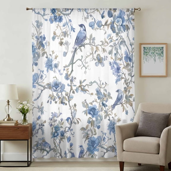 Blue Floral Birds Sheer Curtains 96 Inches Long, Farmhouse Flowers Pastoral Light Filering Curtains, Privacy Drapes Simi Floor to Veiling Curtain for Living Room Bedroom Large Window Treatment