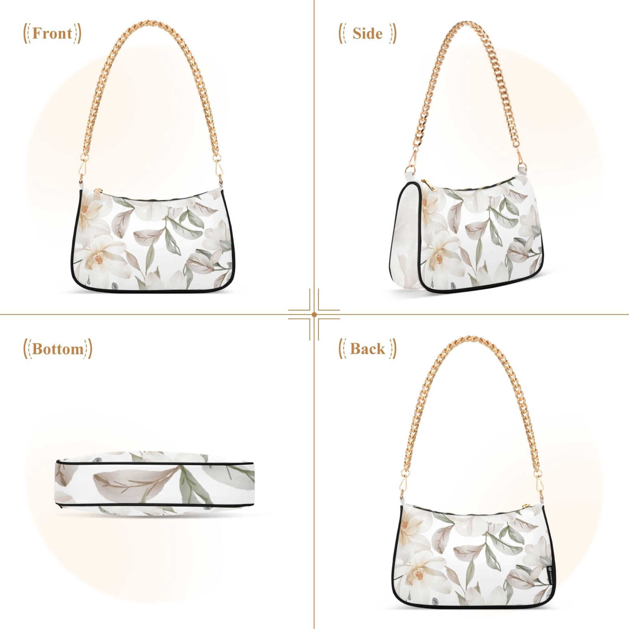 Spring Flowers Magnolia White Womens Chain Shoulder Bag Tote Handbag Clutch Hobo Purse with Zipper for Travel Casual