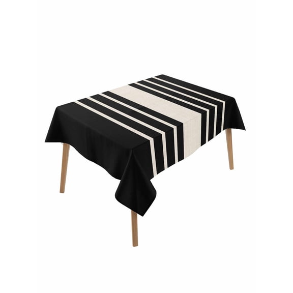 Black Beige Striped Rectangle Tablecloth, Modern Farmhouse Retro Lines Waterproof & StainResistant Tablecloth, Washable Oil-proof Table Cover for Dining/Party/Wedding/Camping/Buffet 52x70 In