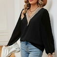thumbnail image 4 of WREESH Womens Spring Summer Chiffon Blouses Long Sleeve Lace Patch V Neck Casual Loose Solid Color Blouse Tunic Tops Black, 4 of 8
