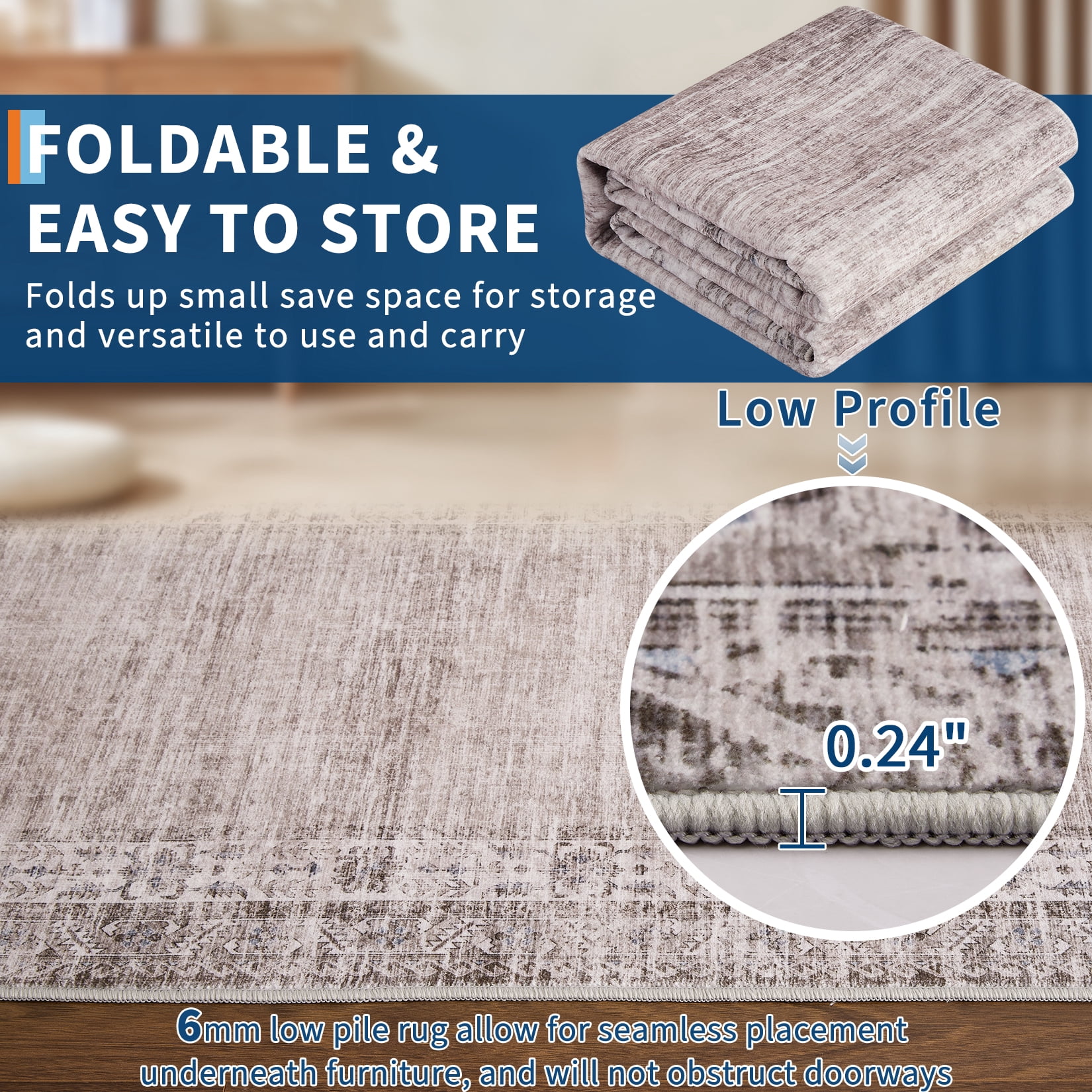 Hasoo Washable Bedroom Border Area Rug 8' x 10' Rug for Living Room Polyester Taupe/Gray Stain-Resistant Indoor Carpet