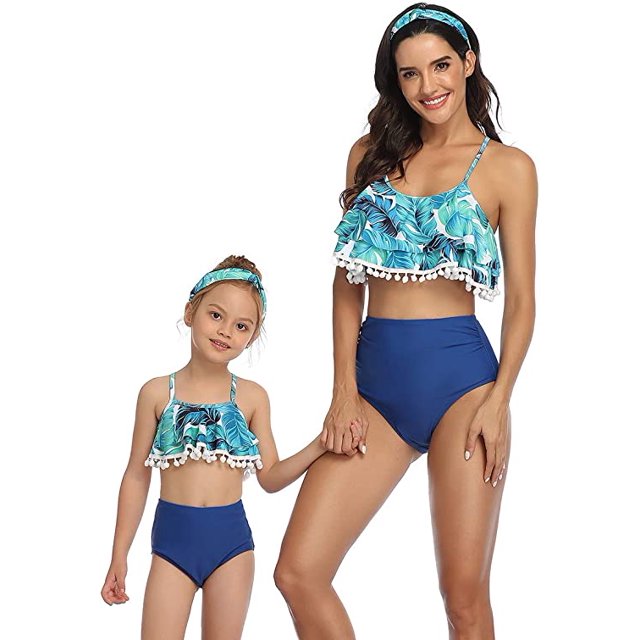 Matching Swimsuits Newest Mommy Daddy and Me Swimwear Printed Ruffle Bathing Leopard Suits Girl 152
