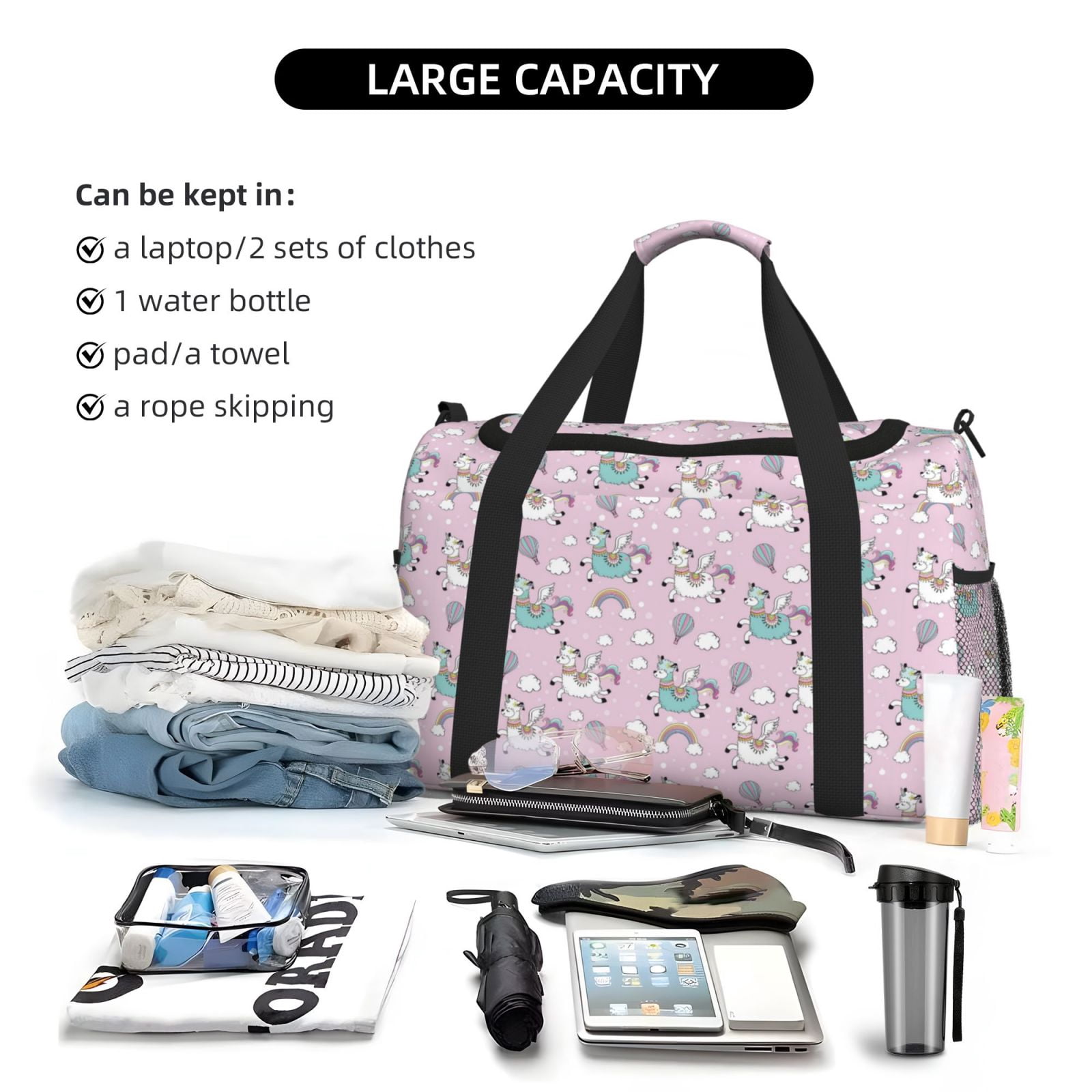 Fuzoiu Llama Unicorn and Rainbow Print Travel Duffle Bag,Carry On Tote Bags,Duffel Bag,Sport Gym Bag, Hospital Bag for Labor and Delivery, Overnight Bag,Luggage Bag