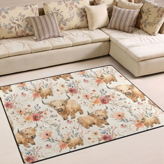 Ryvnso Highland Cattle Floral Area Rug Floor Mats Non-Slip Home Carpet 63 x 48 inch