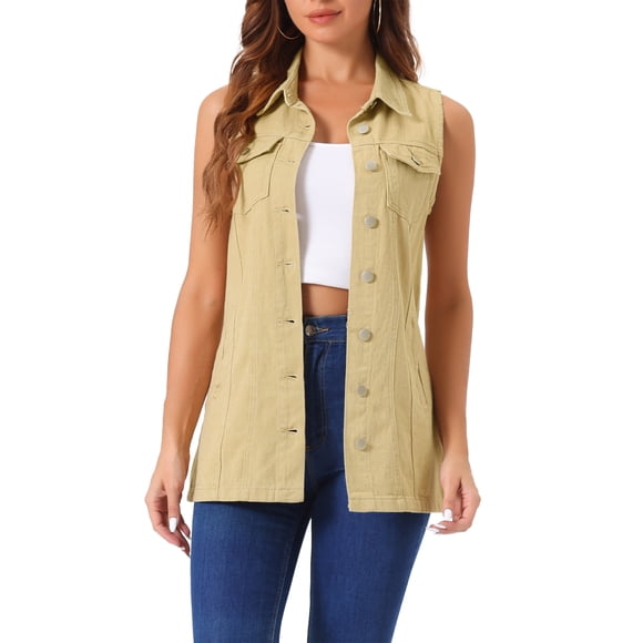 INSPIRE CHIC Women's Denim Vest Sleeveless Button Down Mid Length Casual Jean Vest S Khaki