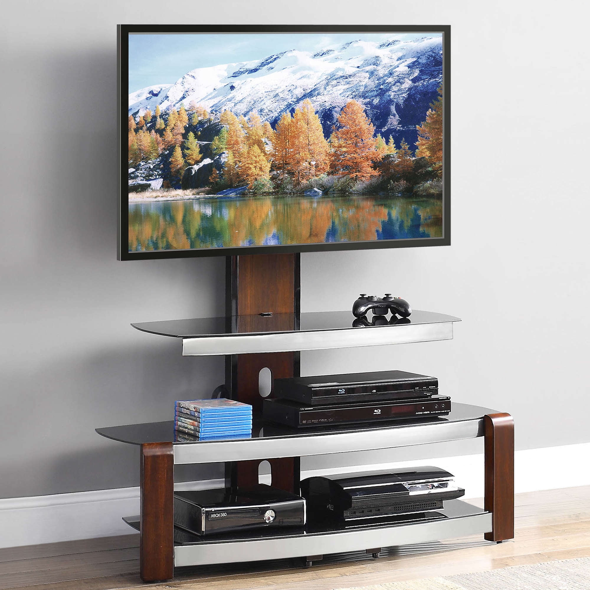 Whalen TV & Media Stand 3 Tier Fits up to 65" Swivel Wall Brown Cherry SHIP FREE 