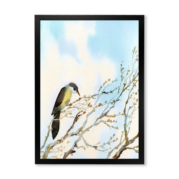 Designart 'Bird Sitting On Old Bare Tree With Blue Cloudy Sky' Traditional Framed Art Print