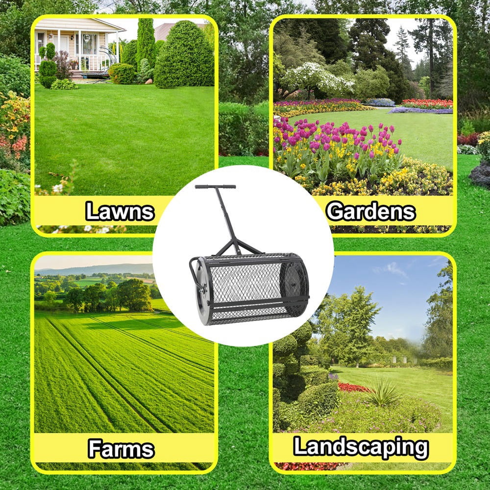 Barara King Peat Moss Spreader, Spreader for Lawn and Garden,Peat Moss Spreader 24inch, T shaped Handle for planting seeding,Lawn and Garden Care Manure Spreaders Roller