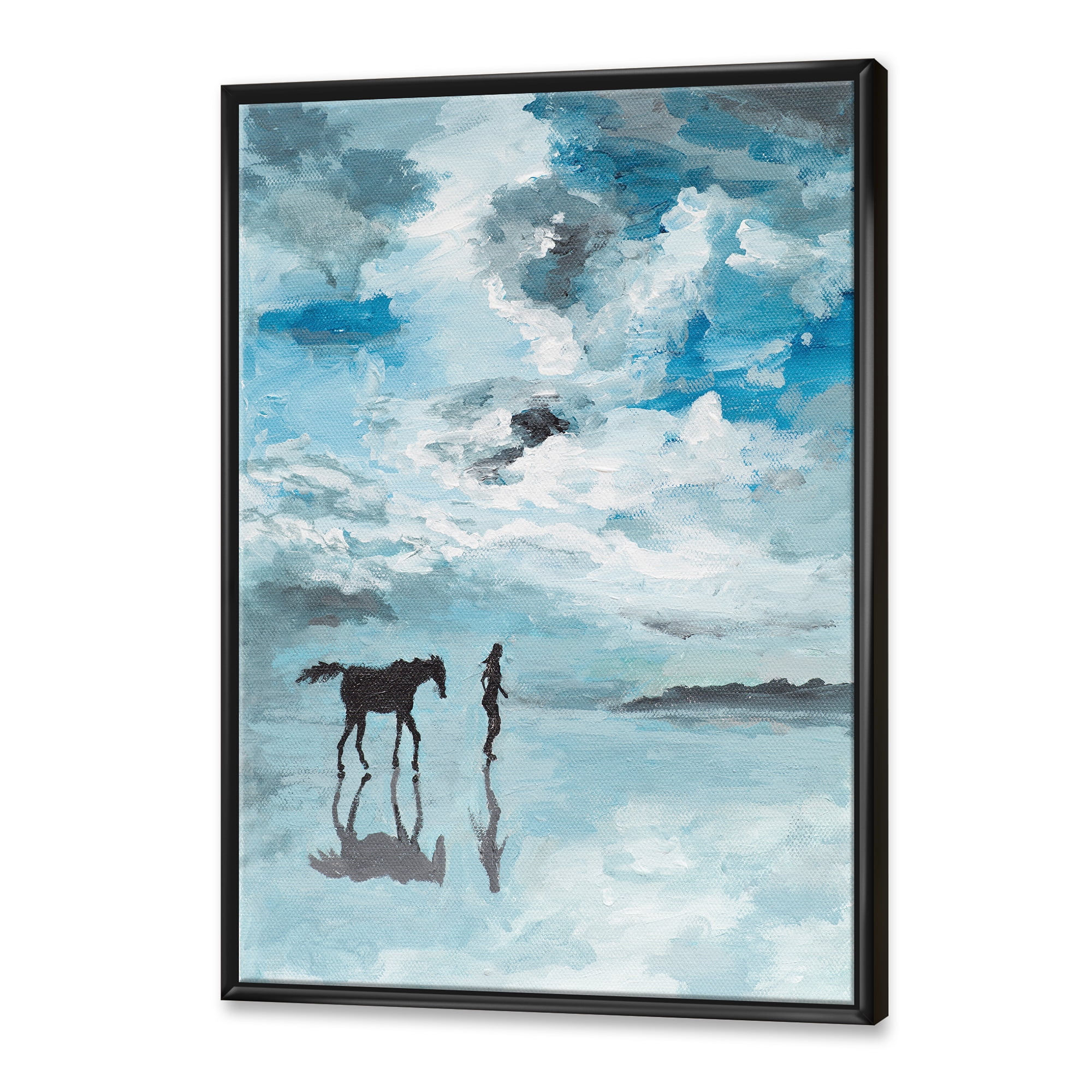 Designart 'Peaceful Scene Of Horse and Man Running By The Water' Farmhouse Framed Canvas Wall Art Print