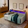 thumbnail image 4 of Newest Twin Size Upholstery Sofa Bed with Three LED lights, with Storage Adjustable Headboard, with Foldable Leg Pull up Trundle Bed , Wireless Charging, Linen Padded Sofa Bed frame, Beige, 4 of 9