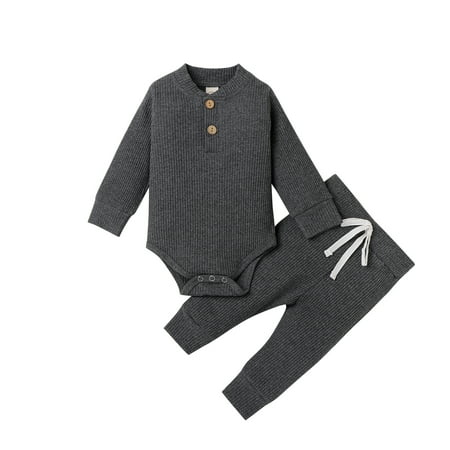 

Newborn Baby Boy Girl Clothes Ribbed Knitted Cotton Long Sleeve Romper Pants Fall Winter Outfits
