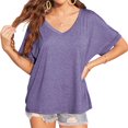 thumbnail image 2 of Summer Rolled Short Sleeve Women V-neck Solid Color Casual Loose T-shirt Tops, 2 of 7