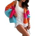 thumbnail image 2 of Women Oversized Cardigan Sweaters Open Front Color Block Lantern Long Sleeve Striped Knit Outwear Coats Rose Red S, 2 of 8