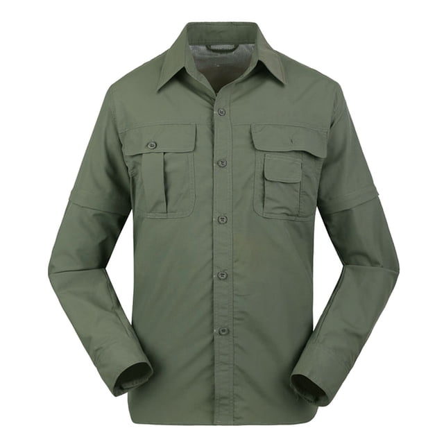 Blusa y camisa de manga larga con cuello vuelto para hombre, estilo casual, color liso, con botones y bolsillos, de nailon, desmontable.
