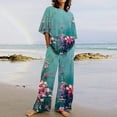 thumbnail image 2 of Summer Savings Clearance! Dezsed Two Piece Sets Women Cotton Linen Set Summer Casual Short Printing Tops Wide-Leg Pants Loose Outfits Blue M, 2 of 6
